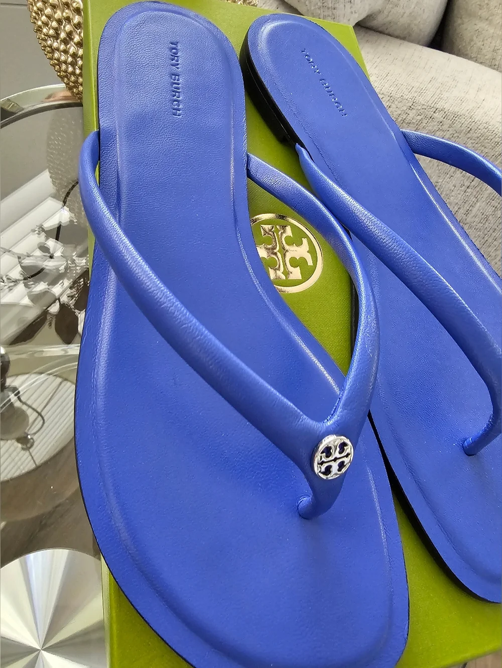Tory Burch Blue Leather Logo Medallion Flip Flops